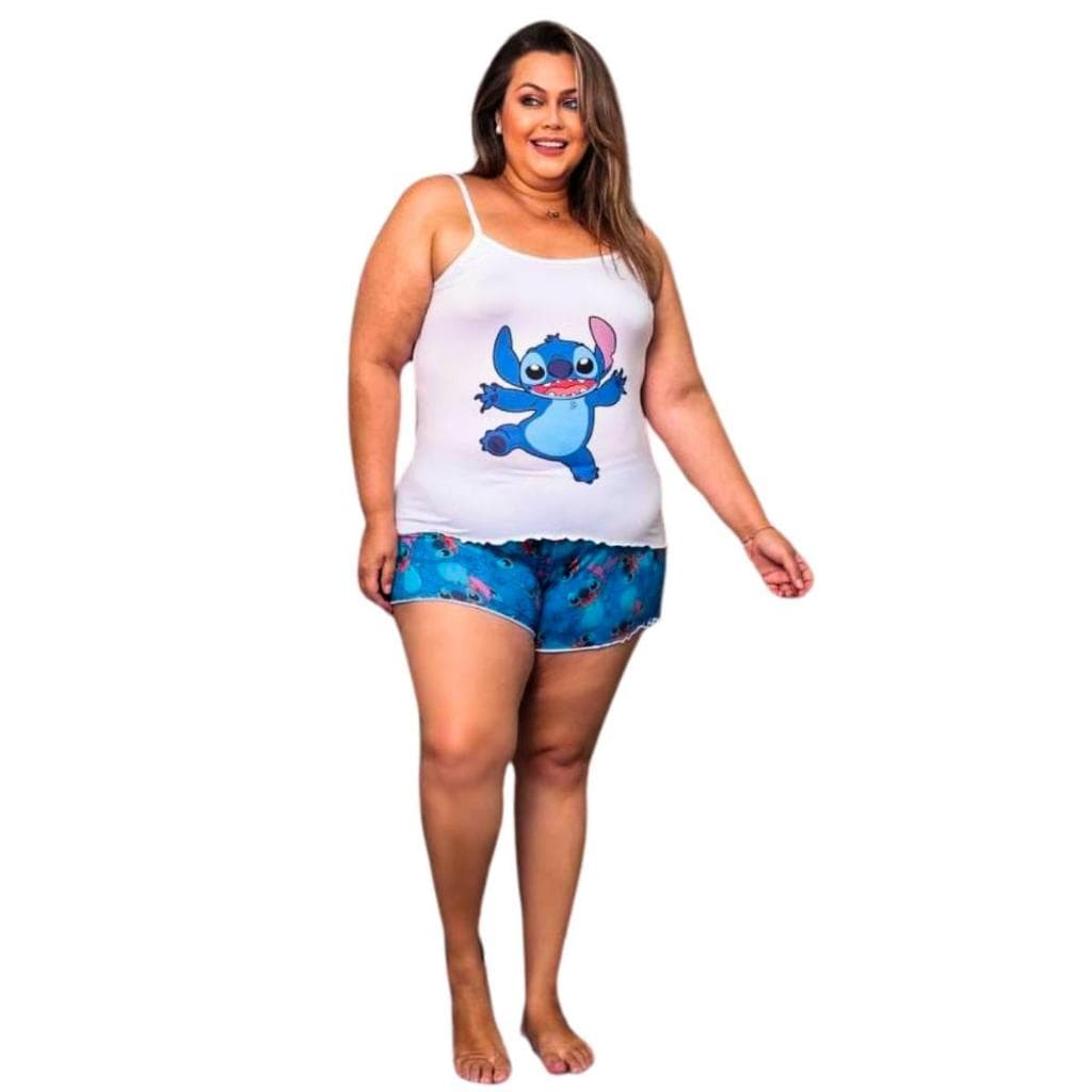 Pijama Plus Size Baby Doll Feminino Alça Fina Short + Blusinha Estampada Suede Premium G1 G2 G3