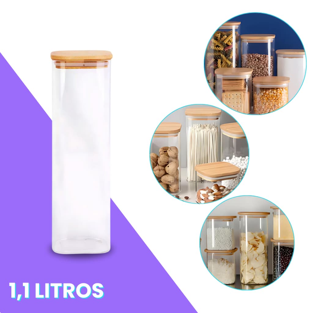 Pote De Vidro Hermético para Mantimentos com Tampa Bambu 1,1L