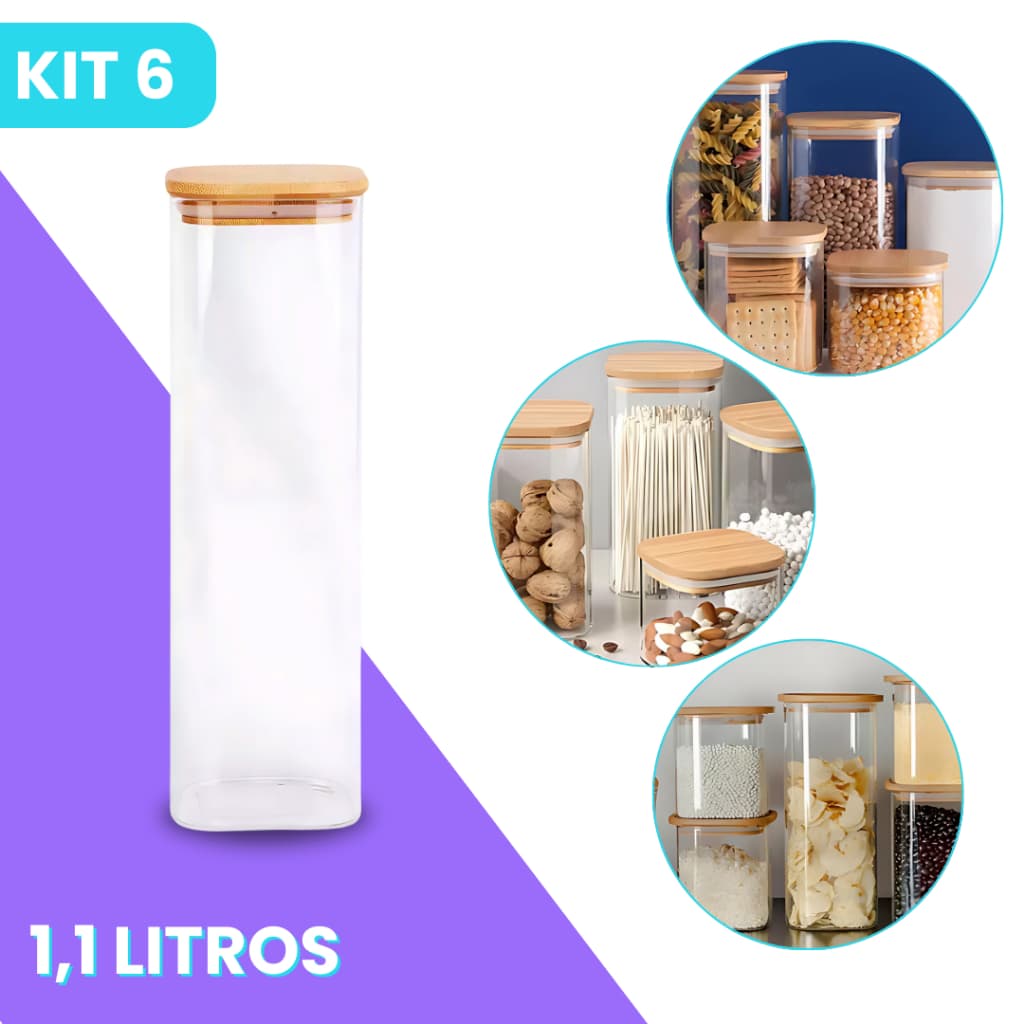 Kit 6 Pote De Vidro Hermético para Mantimentos com Tampa Bambu 1,1L