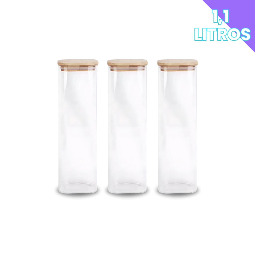 Porta Mantimento De Vidro Herméticos Kit Com 3 Tampa De Bambu 1100ML