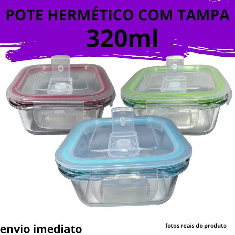 Pote Vidro 320ML Forno Microondas Quadrado Hermetico 4 Trava