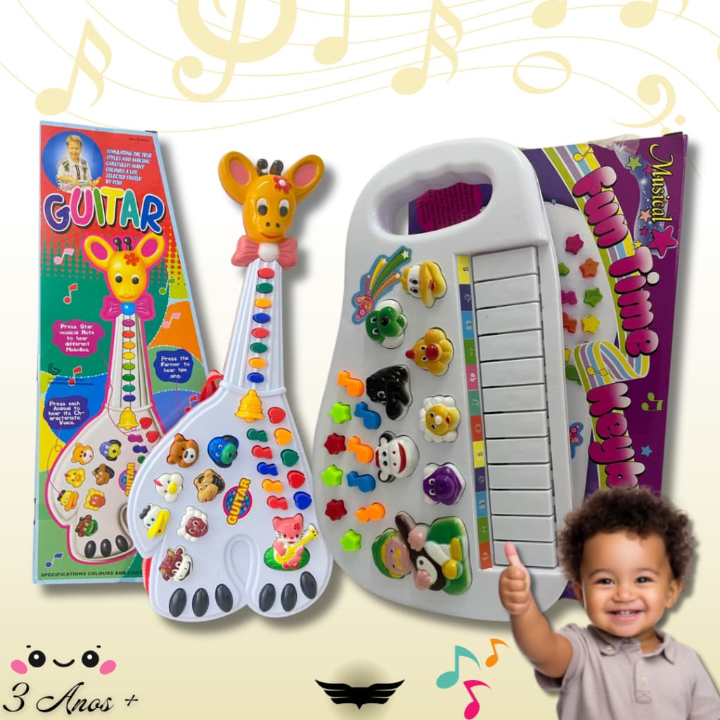 Kit Brinquedo Guitarra Girafa Bebê Musical com Luz+Teclado Piano Animal Infantil com Luz e Som fofo