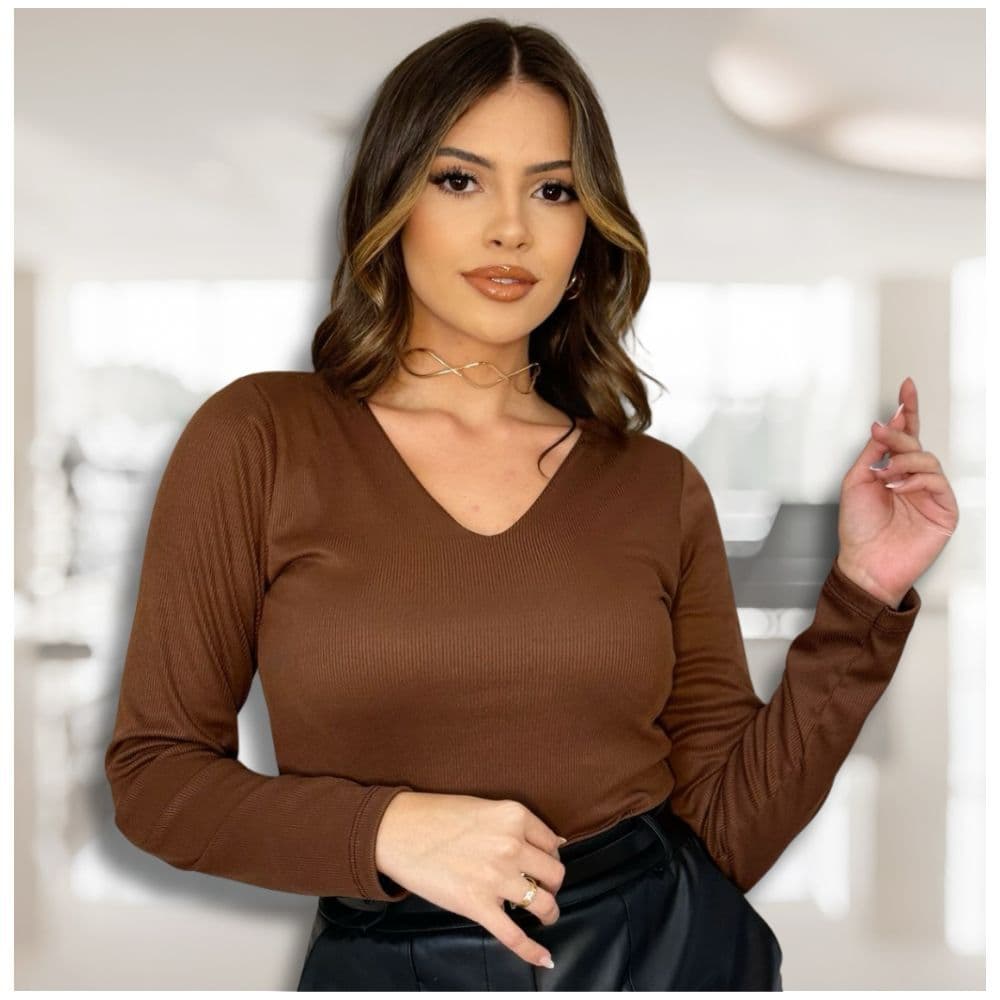 Blusa Manga Longa Feminina Decote V Ribana Canelada Premium Moderna Básica