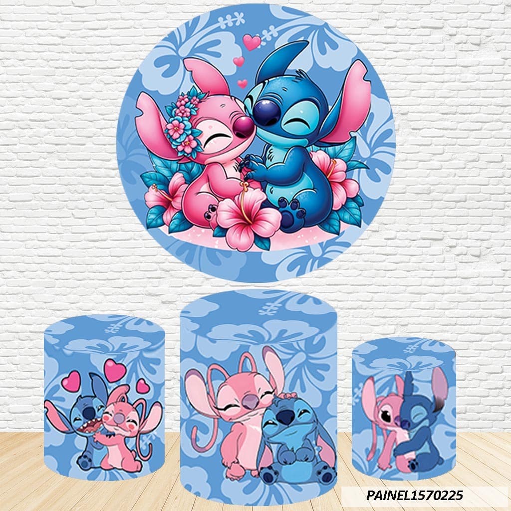 Kit de Capas Painel Redondo Sublimado Stitch e Angel 1,50M + Trio Capas de Cilindro C/Elástico