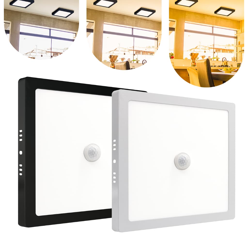 Painel Plafon Led Com Sensor Sobrepor 18w ou 25w Preto / Branco Bivolt Luz Frio Redondo / Quadrado