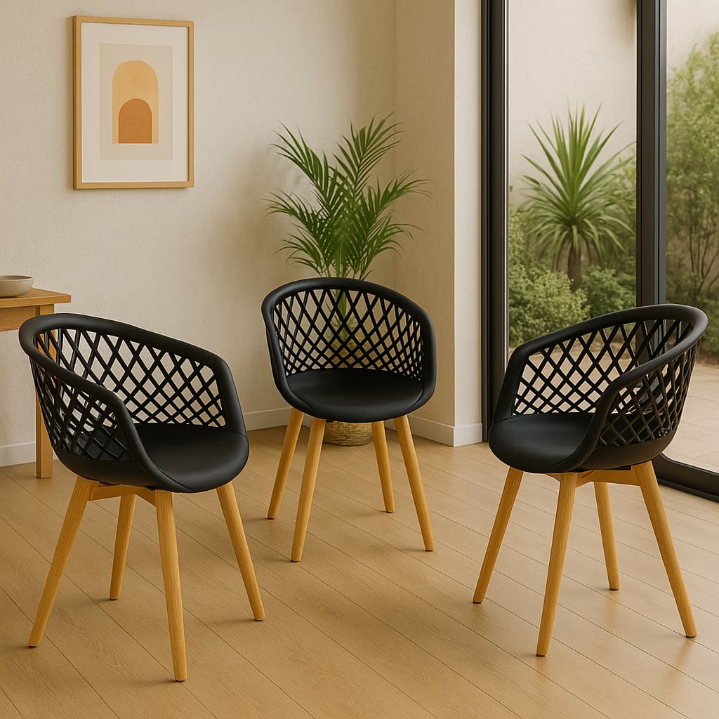 Kit 3 Cadeiras Para Mesa de Jantar Cozinha Moderna Web Wood Preta Com Base De Madeira