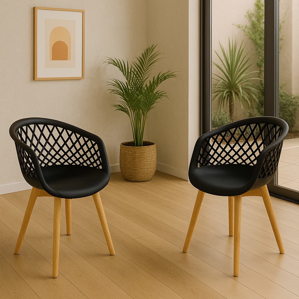 Kit 2 Cadeiras Para Mesa de Jantar Cozinha Moderna Web Wood Preta Com Base De Madeira
