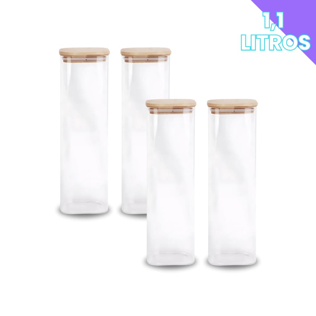 Porta Mantimento De Vidro Herméticos Kit Com 4 Tampa De Bambu 1100ML