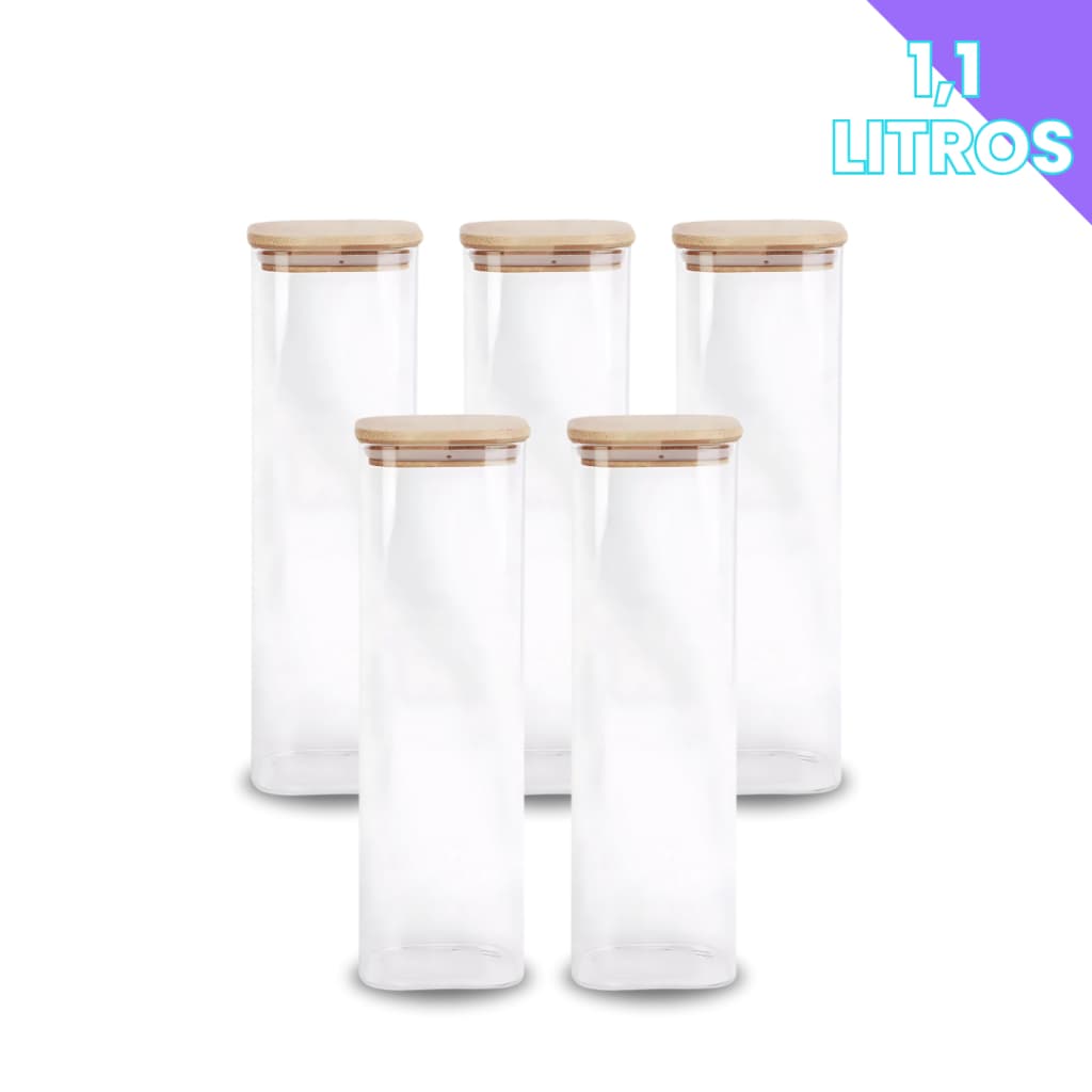 Porta Mantimento De Vidro Herméticos Kit Com 5 Tampa De Bambu 1100ML