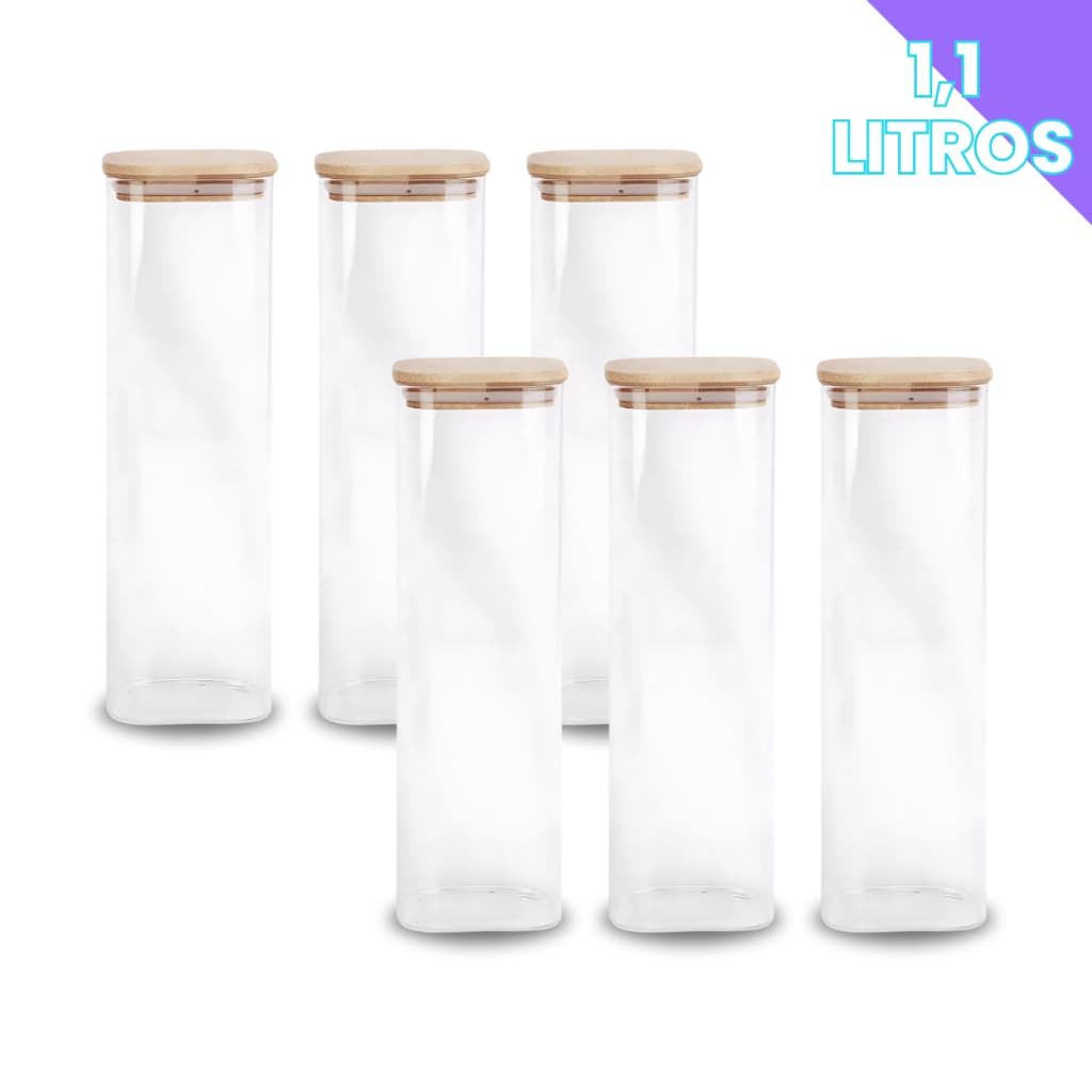 Porta Mantimento De Vidro Herméticos Kit Com 6 Tampa De Bambu 1100ML