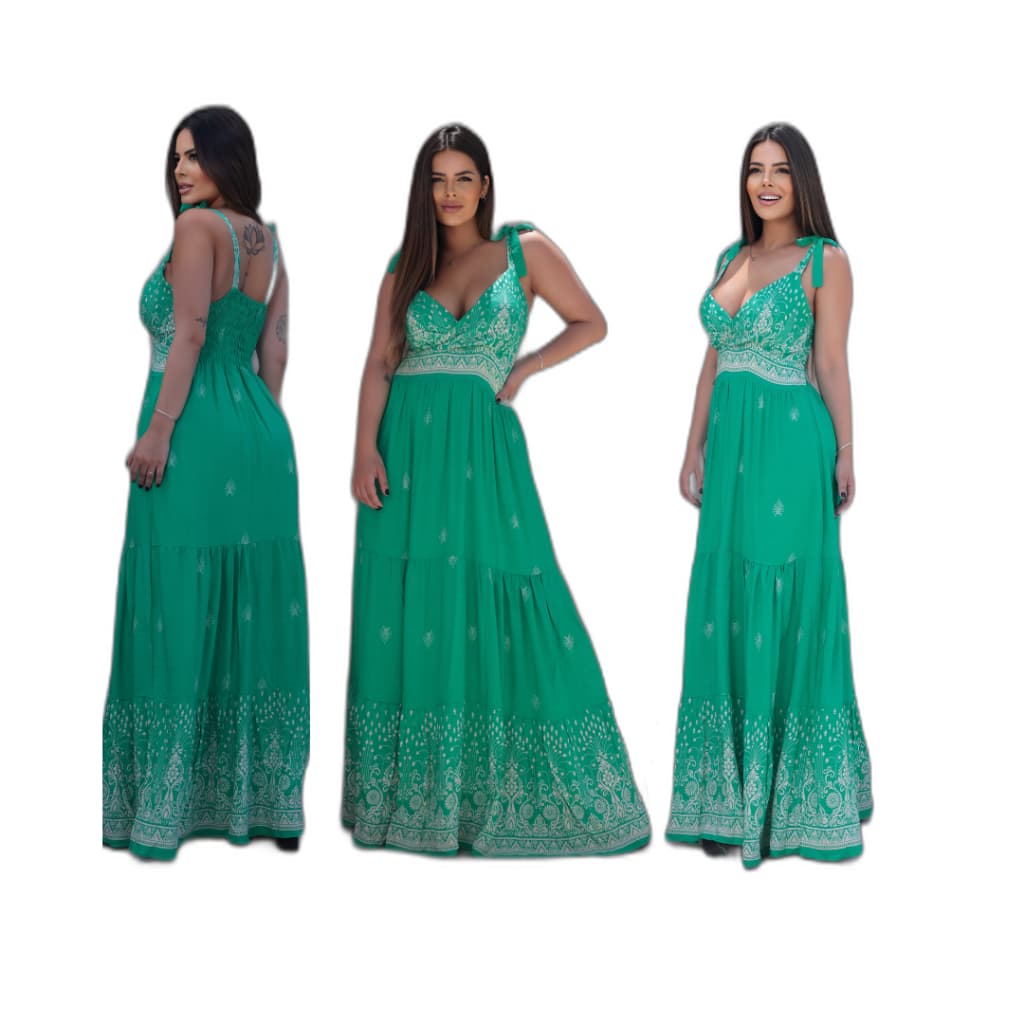 Vestido Longo Viscolinho Estampado com Lástex e Alça Regulável – Moda Verão Premium