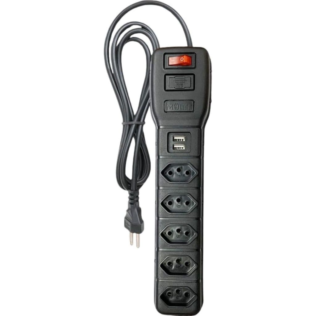 Filtro De Linha 5 Tomadas Com 2 Usb Multicraft PLPS5T2USB com fusível de proteção contra sobrecarga