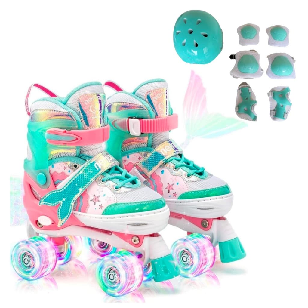 Patins Roller Infantil 4 Rodas Meninas Freios Atacado Promoção Com Led + Proteção Ajustavel Criança