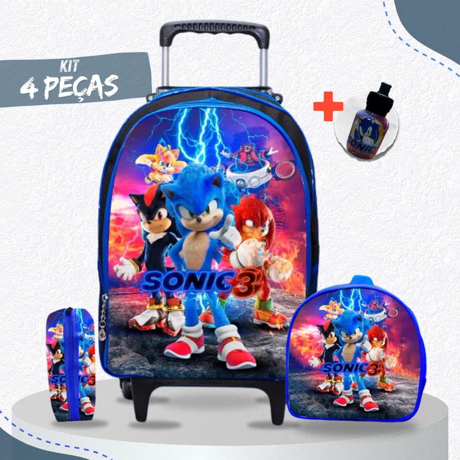 Kit Mochila Escolar Sonic 3 com Lancheira e Estojo - Rodinhas - Menino - Masculino