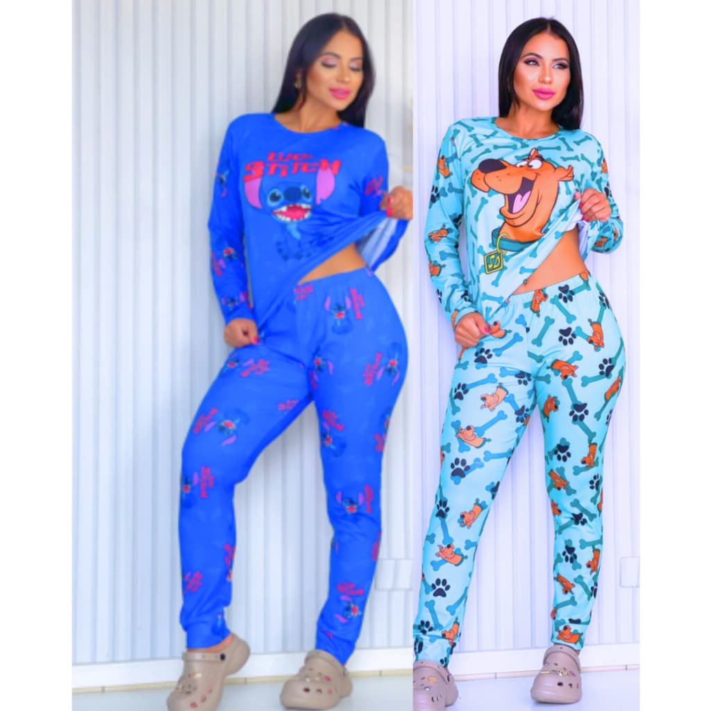 Conjunto Pijama Feminino Manga e Calça Longa Luxo Inverno Personagens