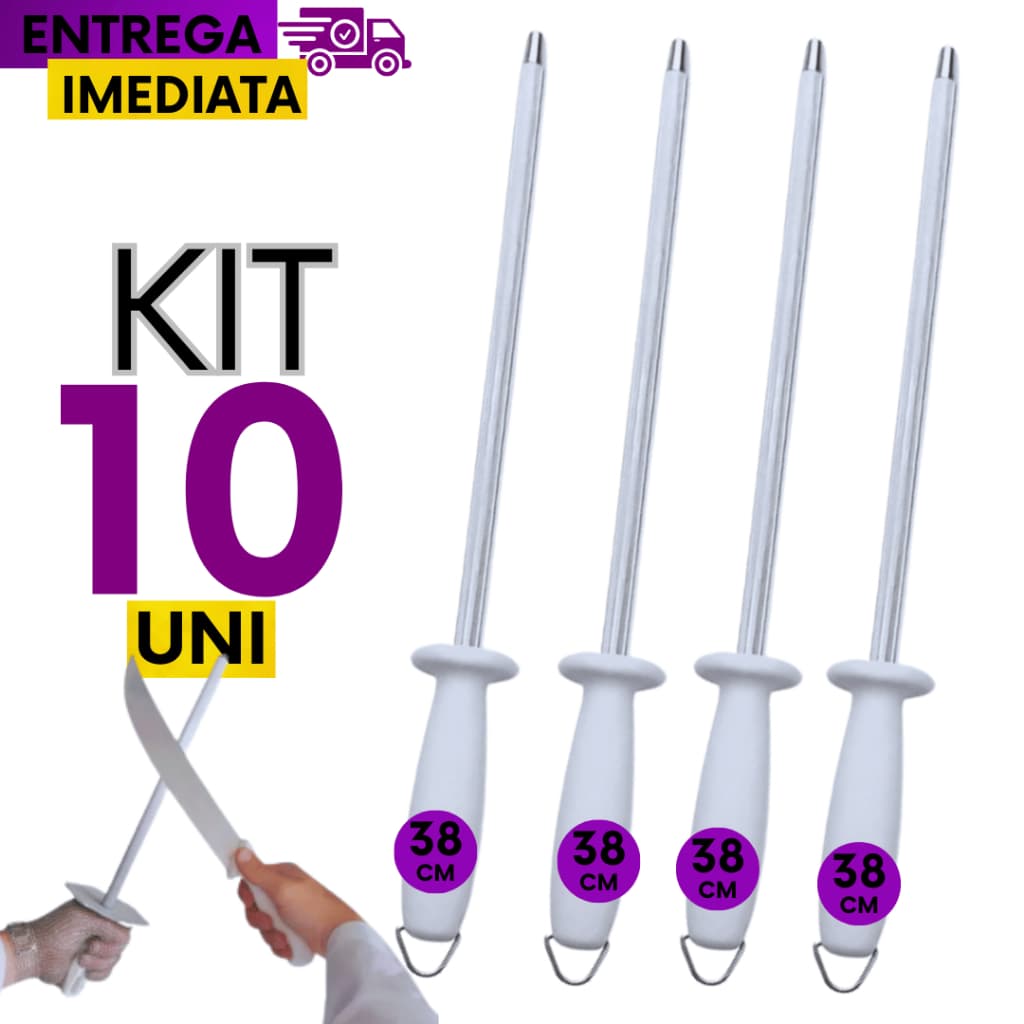 Jogo Kit 10 Chaira Amolador Afiador Facas 10 Polegadas Açougueiro Aço Inox Profissional 38cm Linha Resistente Premium