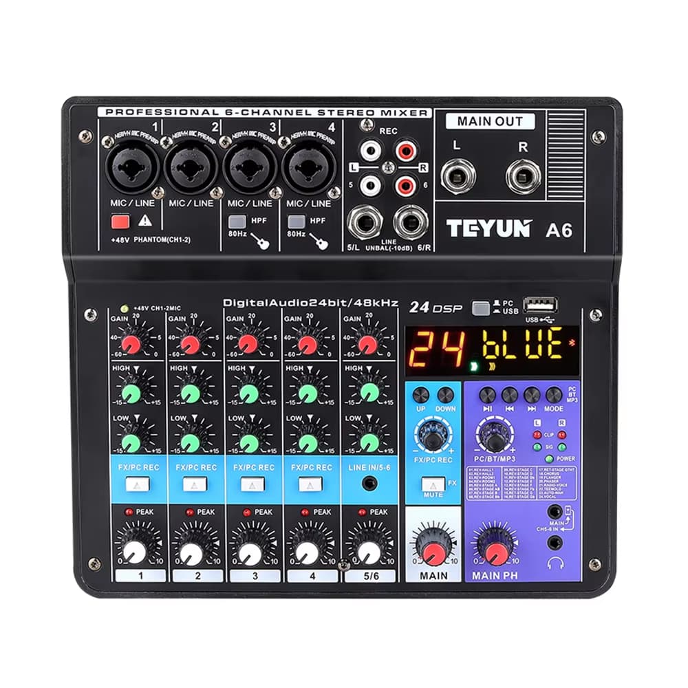 TEYUN Amplificador Estéreo Para Karaokê De 6 Canais Da Mixer De áudio Interface De Som Console De Mixagem Entrada