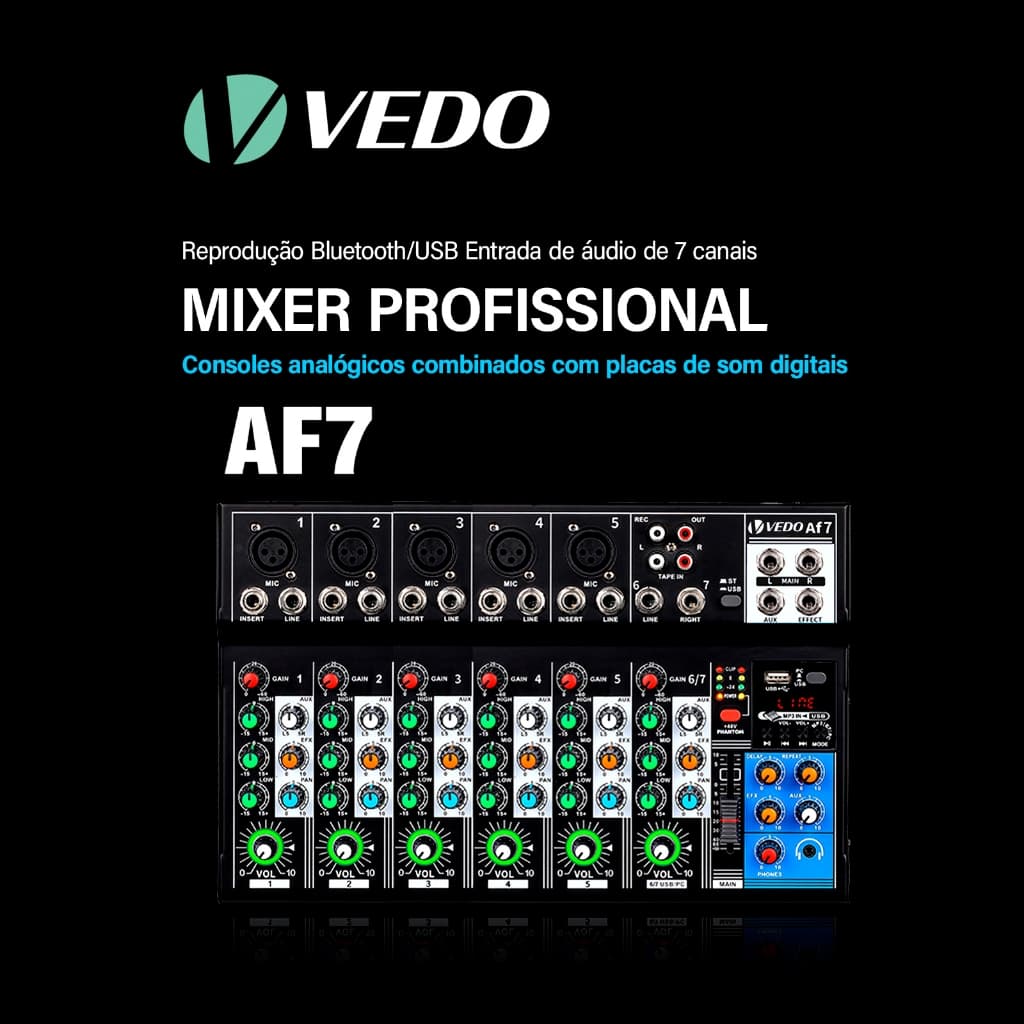 VEDO AF7 Mesa de Som Mixer Analógico 7 Canais Placa De Som Digital mesclada Configurações De Funções Personalizadas