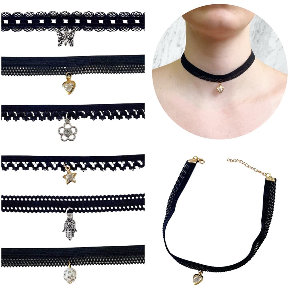 6 Colares Choker Rendinha Com Pingente Pedra Strass Gargantilha Modelos Sortidos