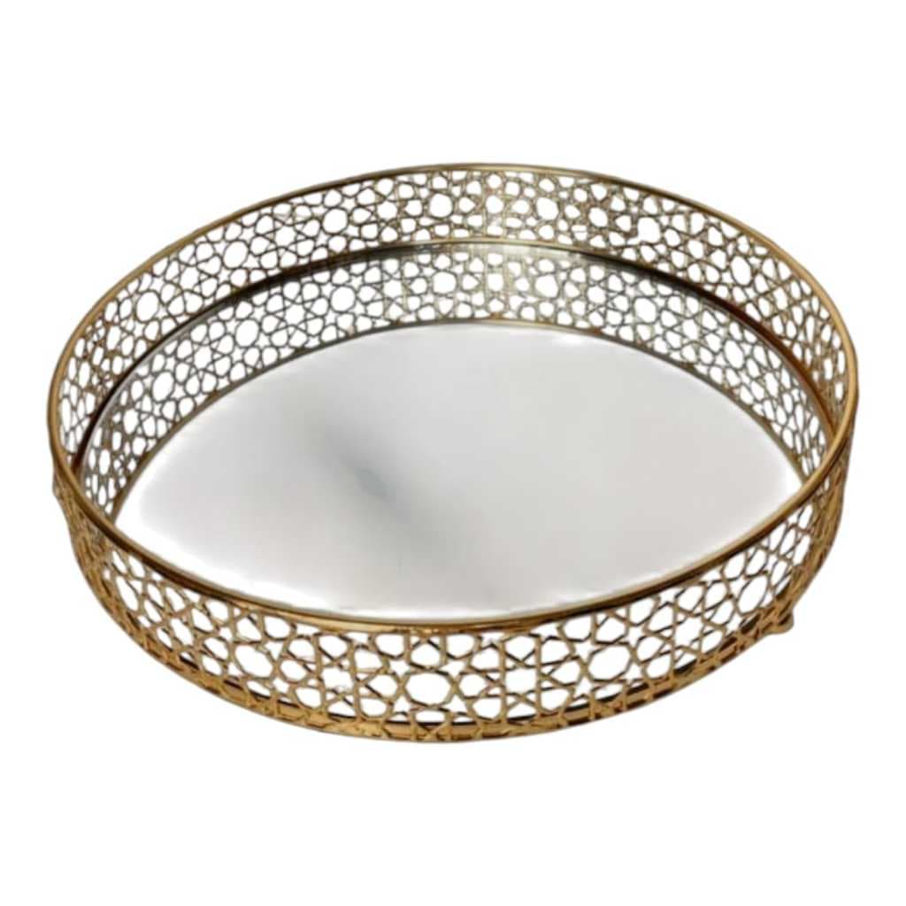 Bandeja Decorativa Redonda Espelhada Dourada Metal Porta Perfumes Joias Penteadeira