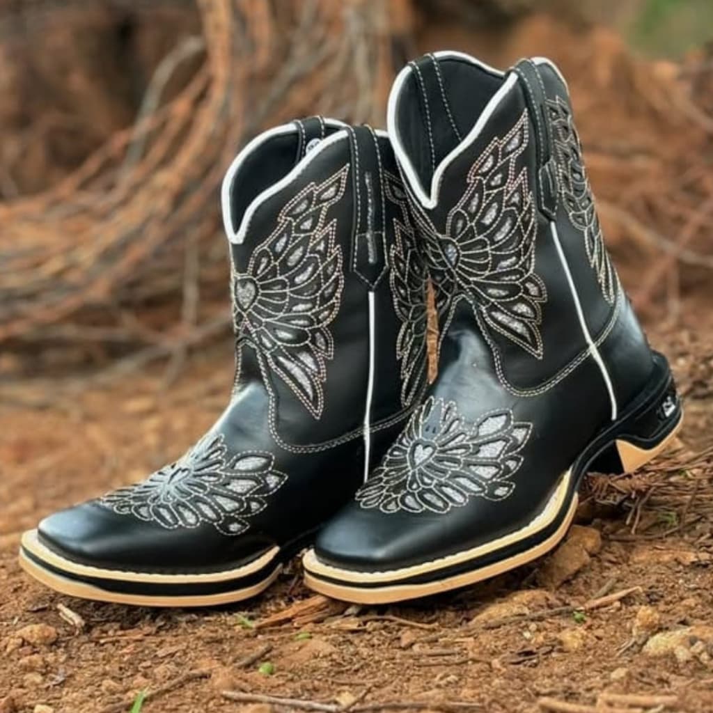 Bota Feminina Texana Moda Country Modelo Western Couro Detlahe Bordado Glitter Prata