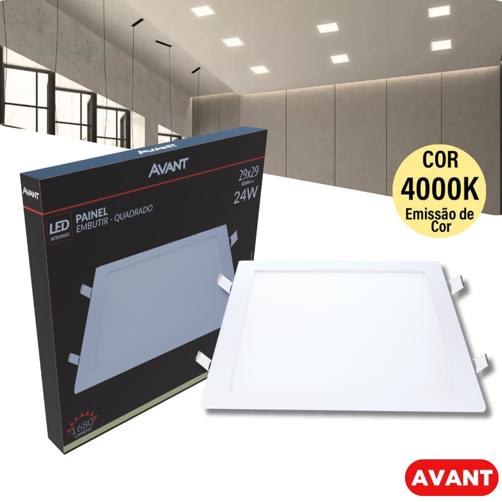 Luminária Painel Plafon Led 24W Avant Embutir Quadrado Branco Neutro 4000K Bivolt