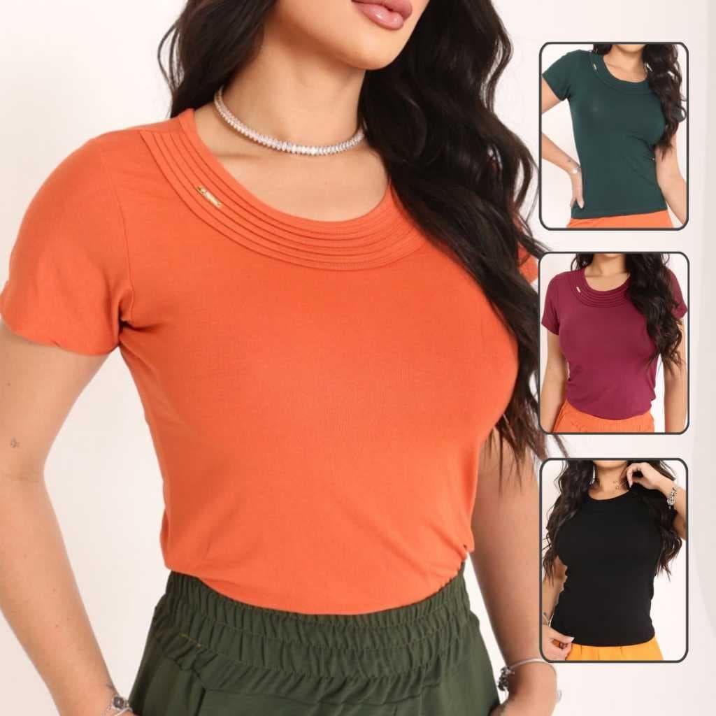Blusa Feminina Manga Curta Casual na Malha Viscolycra Básica com Detalhe de Vies na Gola e Metal