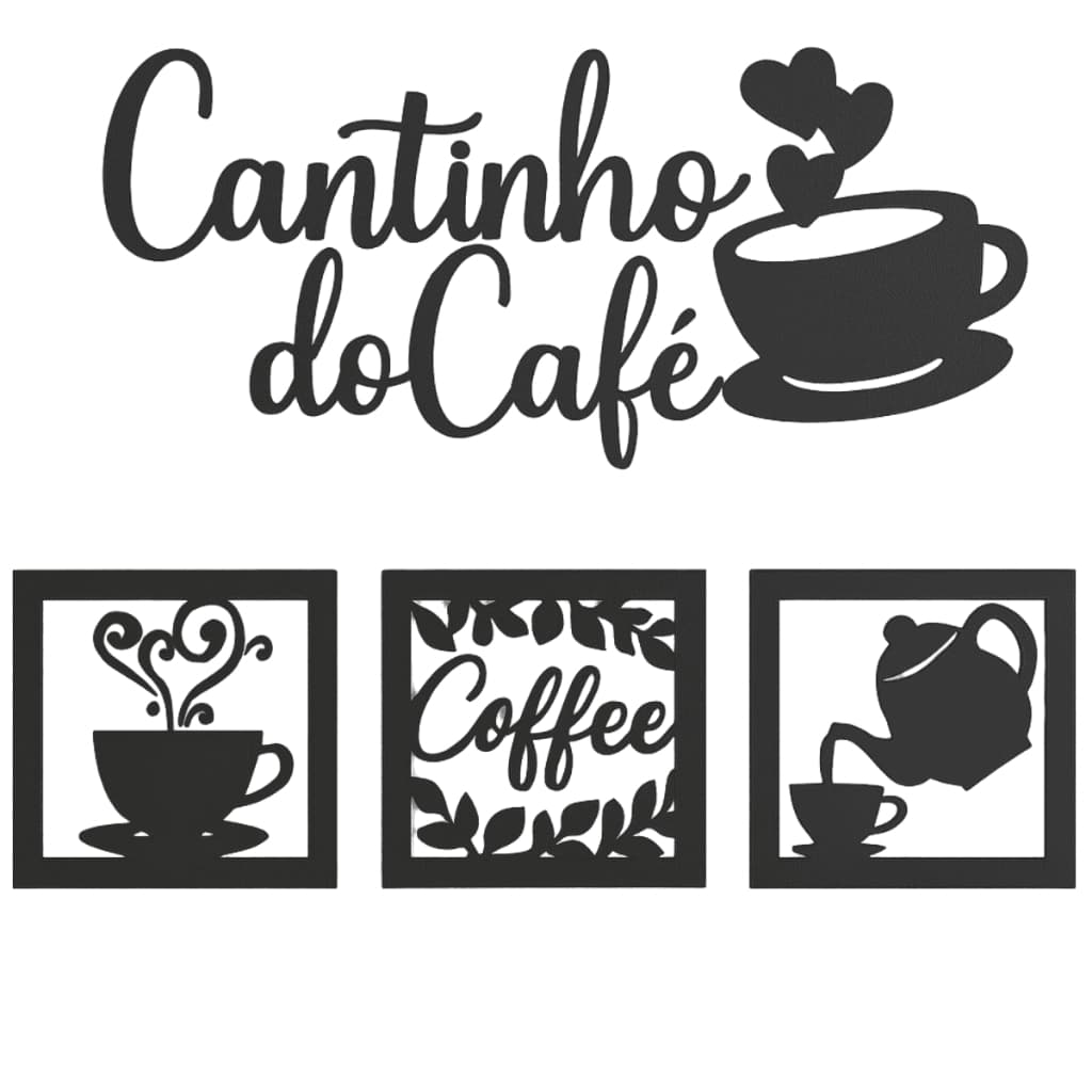 Kit 2 Cantinho Café 2 Trio Quadro Decorativo MDF Preto Buffet Cozinha Com Dupla Face