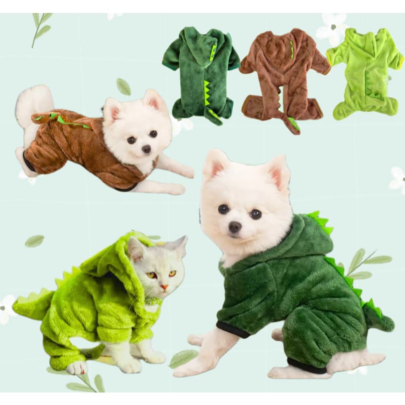 Fantasia de Cachorro Gato Roupa Pet Dinossauro/Ursinho/Coelho/Tigre com Rabinho Capuz Quente