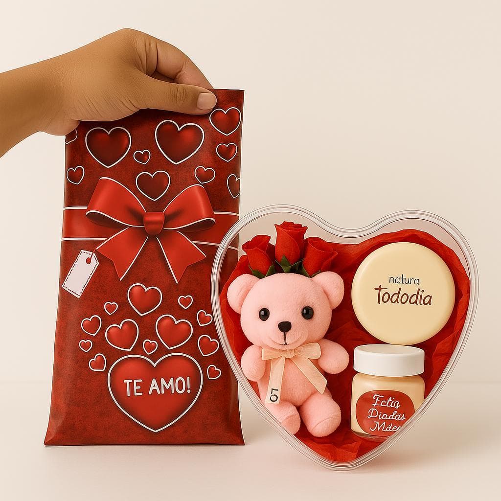 Kit Presente Dia das Mães com Ursinho Pelúcia + Sabonete e Creme Natura + Pronto para Presentear