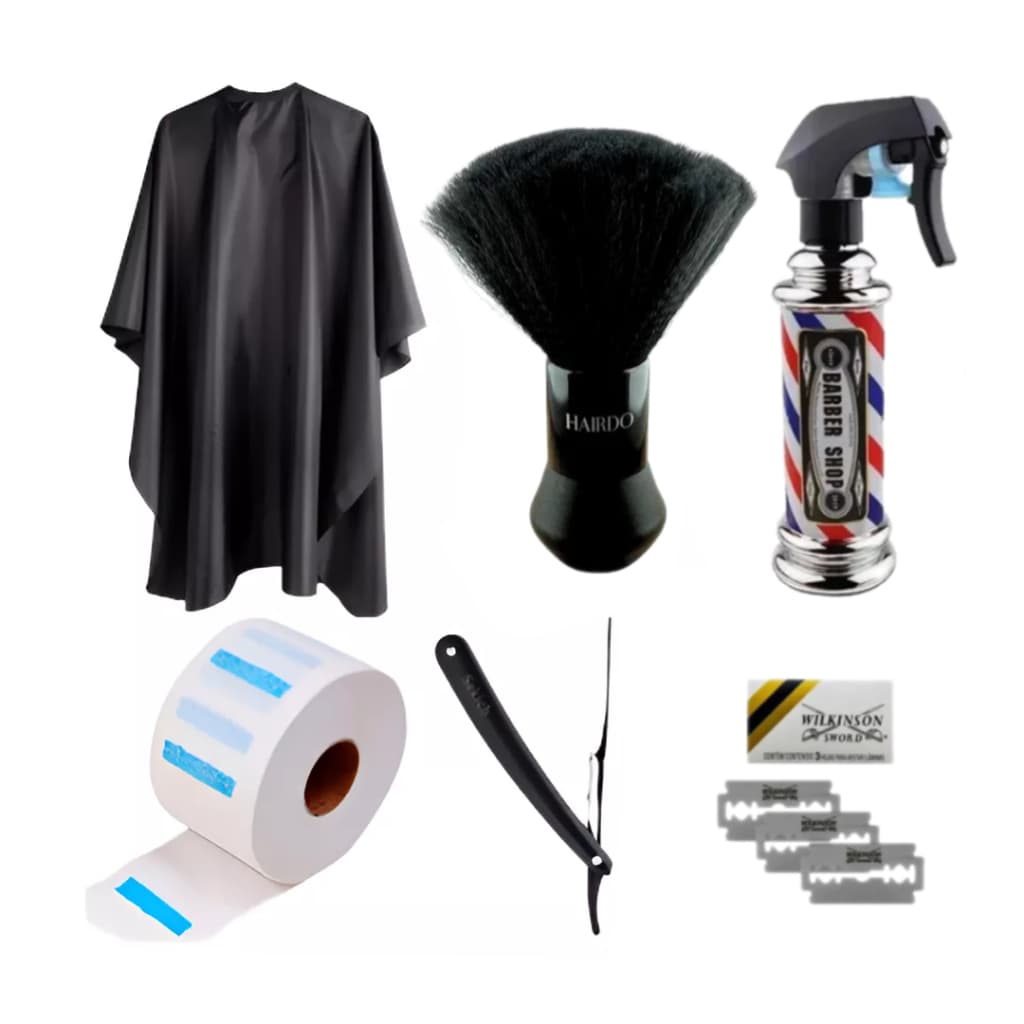 Kit Barbeiro Capa + Borrifador Prata ou Dourado + Espanador + navalhete + Gola + lamina wilsom