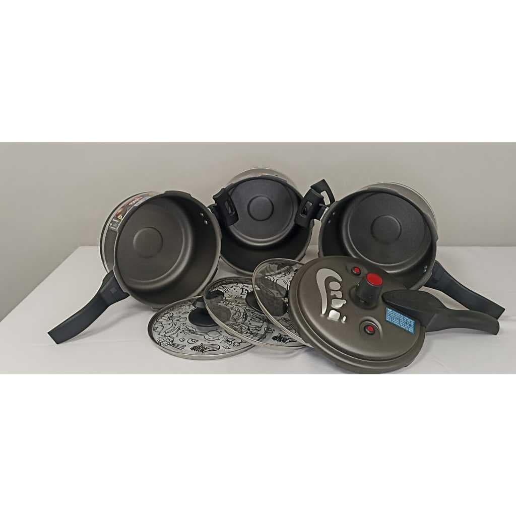Panelas de Pressão - Kit Conjunto jogo de 3 Panela Pressão Antiaderente Qtar Grafite Com Tampa.