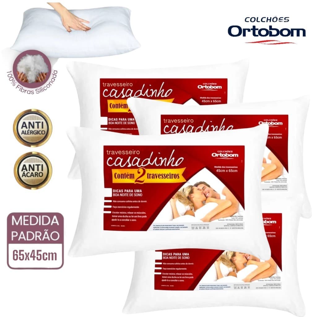 kit 4 travesseiros Ortobom Macio Fibra Siliconada anti acaro Casadinho 65x45cm