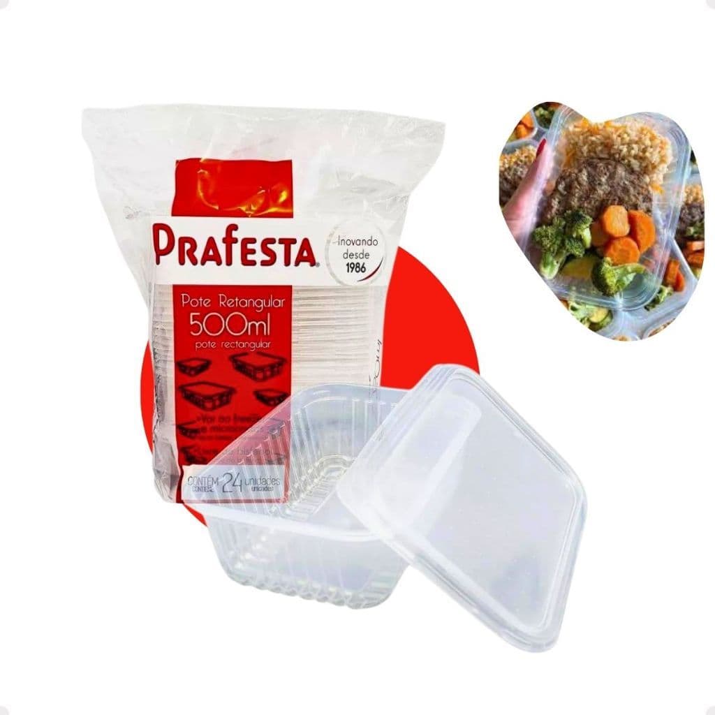 Pote Descartável Marmita Fit Plástico Kit com 24  Freezer Microondas  PraFesta Com Tampa Retangular