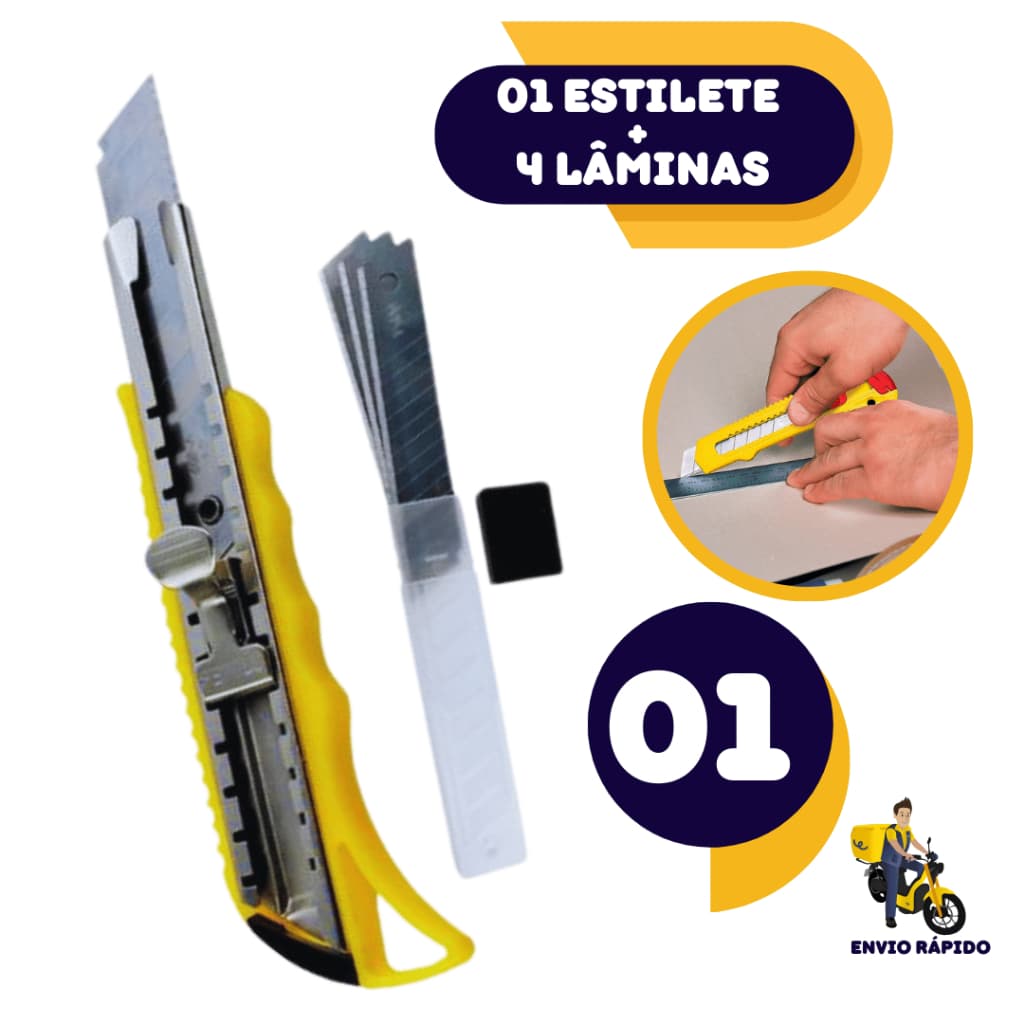 Kit Estilete Profissional 18mm Com Trava Aço Maciço Com 3 Lâminas Reserva Papel Tecido Plasticos
