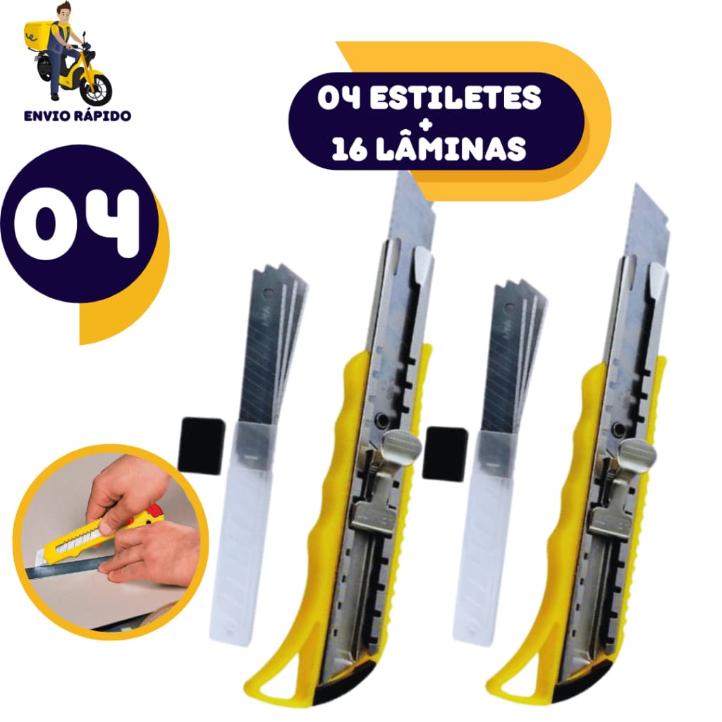 Kit  4 Estilete Profissional 18mm Com Trava Aço Maciço Com 16  Lâminas Reserva Papel Tecido Plasticos