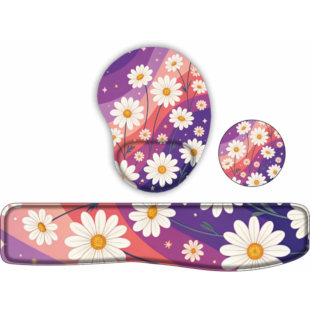 Kit mouse pad ergonomico + apoio de teclado + porta copos estmpas Flores Mimosas
