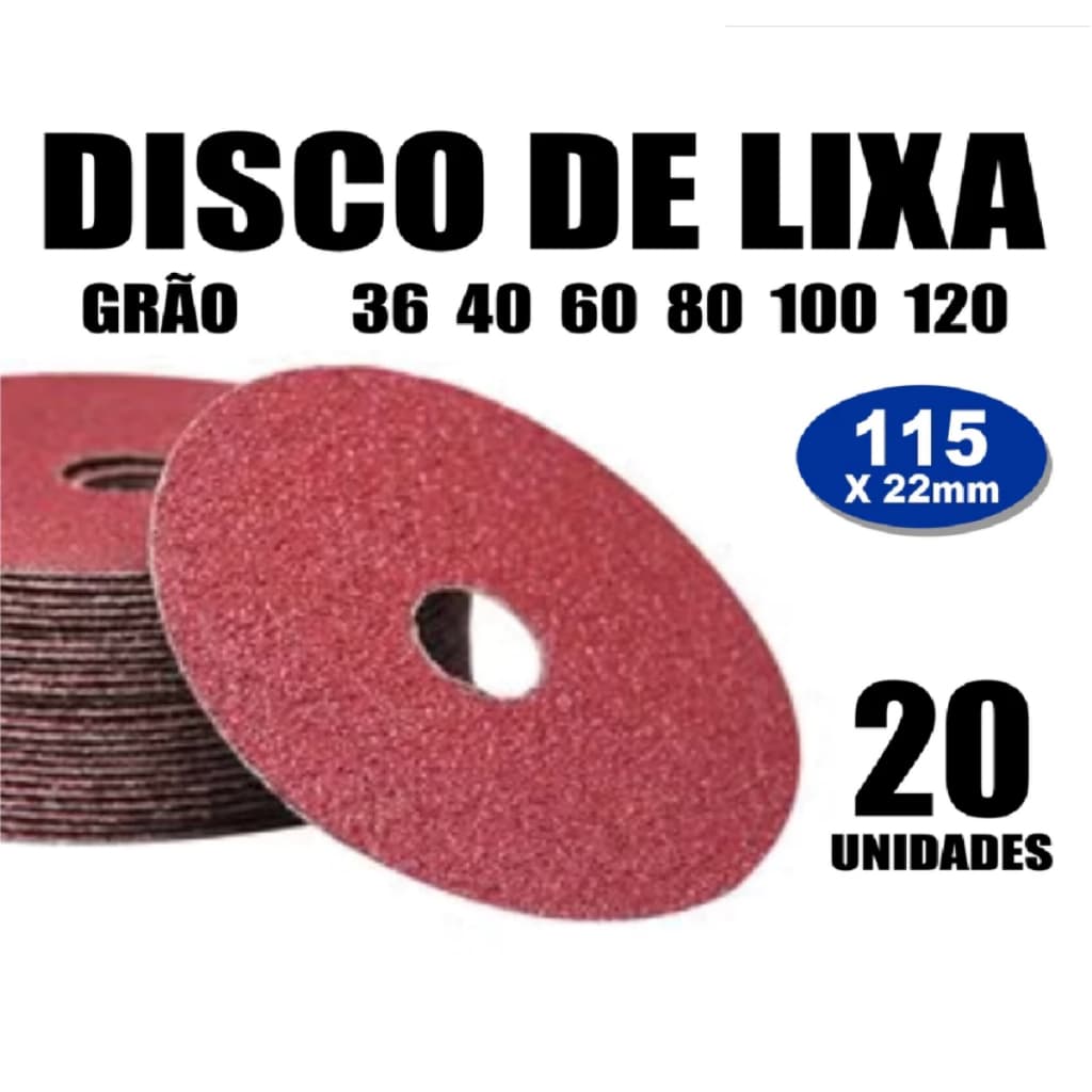 Kit Com 20 Disco de Lixa 4.1/2" 115mm x 22mm p/ Lixadeira Esmerilhadeira Óxido de Alumínio