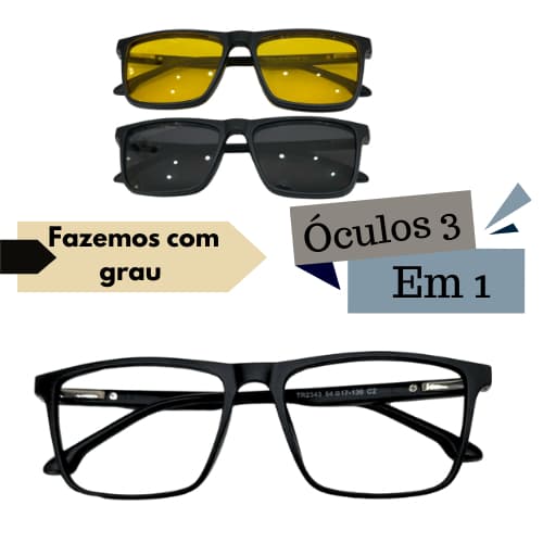Óculos Completo Armação Clip On 3 em 1 Acetato Masculino Com Lentes Em Anti Reflexo Com Seu Grau