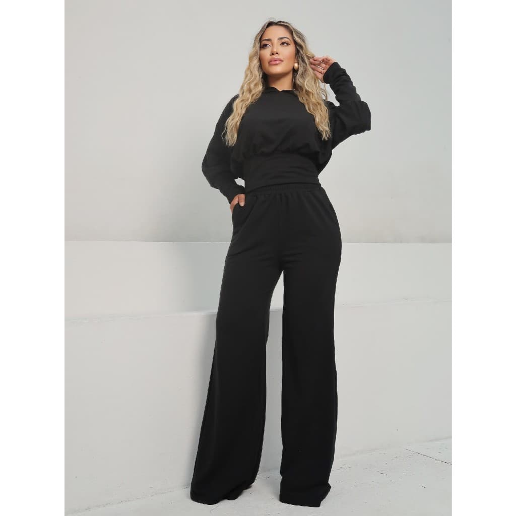 Conjunto feminino 2 peças Calça Pantalona e Blusa com Capuz CAROL com bolso