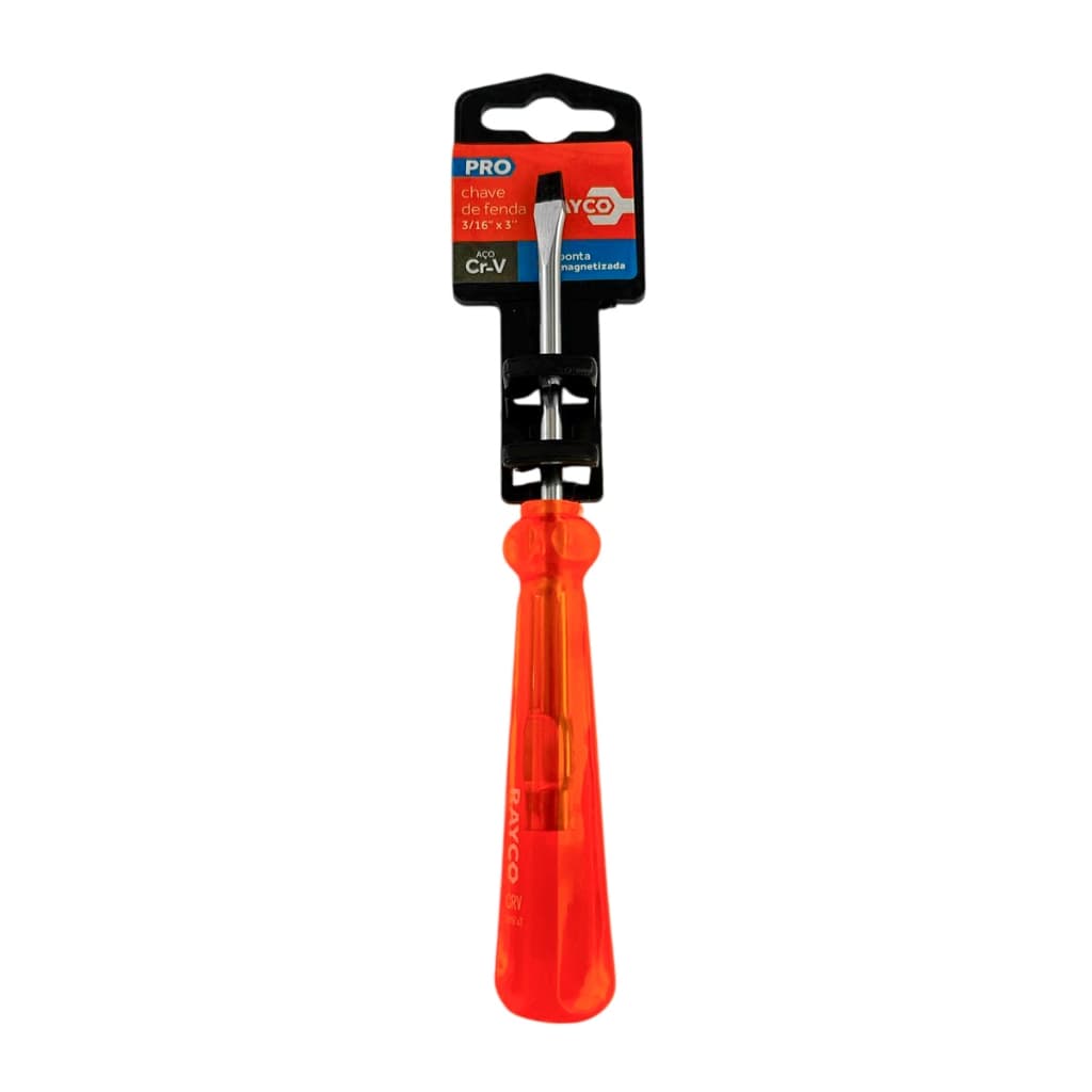 Chave de Fenda PRO Rayco 3/16" X 3" Fenda Simples com Ponta Magnetizada, Cabo Transparente Laranja