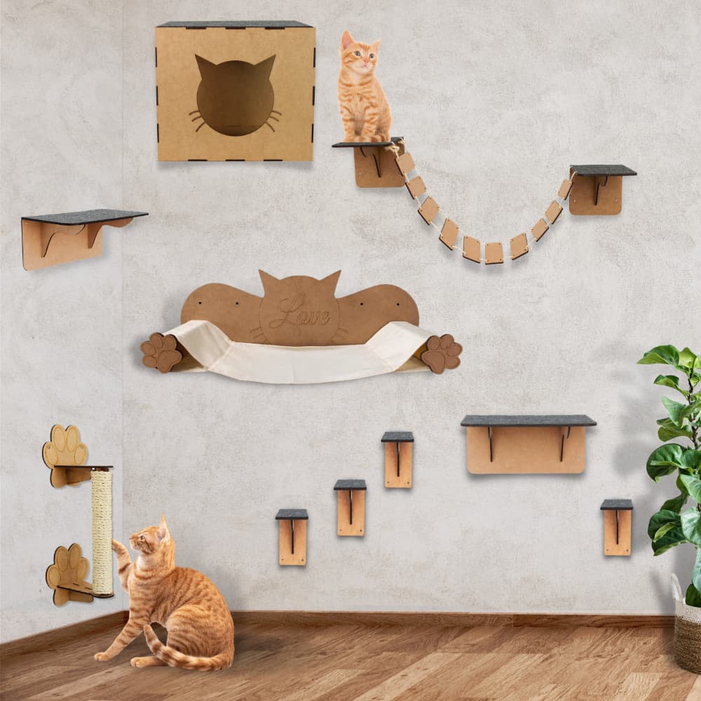 Playground Gato Circuito Suspenso para Gatos em Mdf Kit 10 Peças Nicho Prateleira Rede e Arranhador