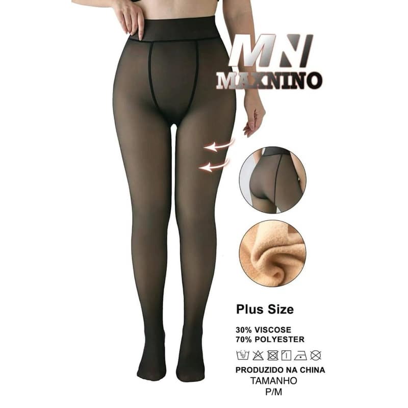 Meia Calça Térmica Forrada Peluciada Translúcida de Lã Feminina Super Elástica Slim 220g
