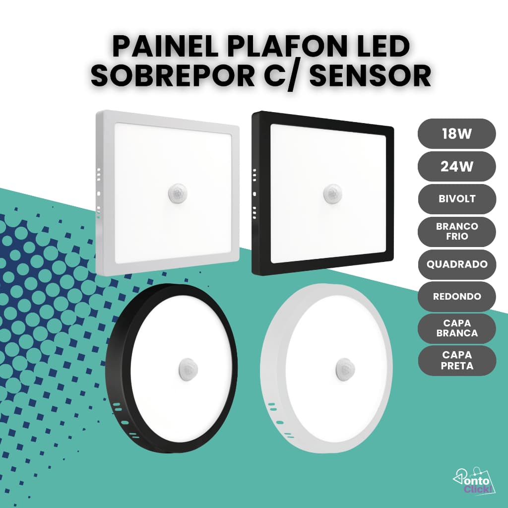 Painel Plafon Sobrepor Com Sensor 18w/24w Redondo/Quadrado Led Capa Branca ou Preta Luz Frio Bivolt