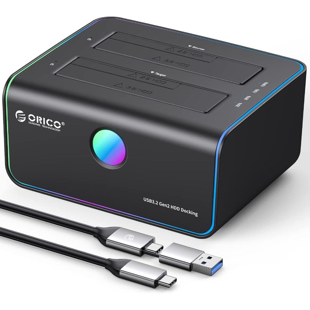 Dock Station SATA 2.5 e 3.5 com 2 Entradas RGB USB 3.2 Gen2 10Gbps - Função Clone Offline