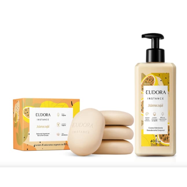 Combo Instance Maracujá: Sabonete em Barra 4x80g + Loção Corporal 400ml Eudora.