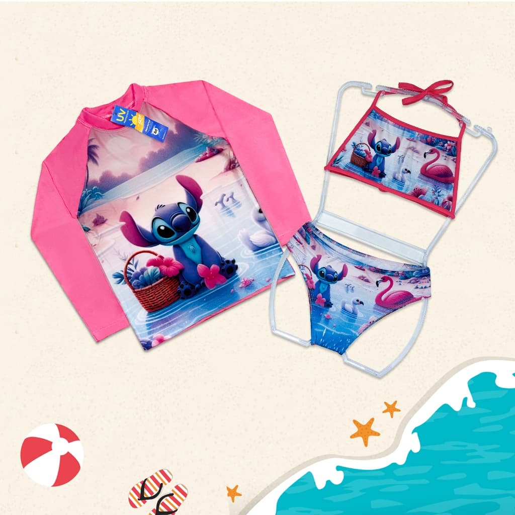 Kit Uv Infantil Menina  - Biquíni Feminino Completo + Camisa Com Proteção Solar