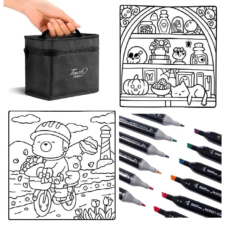 Livro De Colorir Kit Com 36 Peças Canetas Marcadoras Ponta Dupla Fina E Grossa Para Relaxar