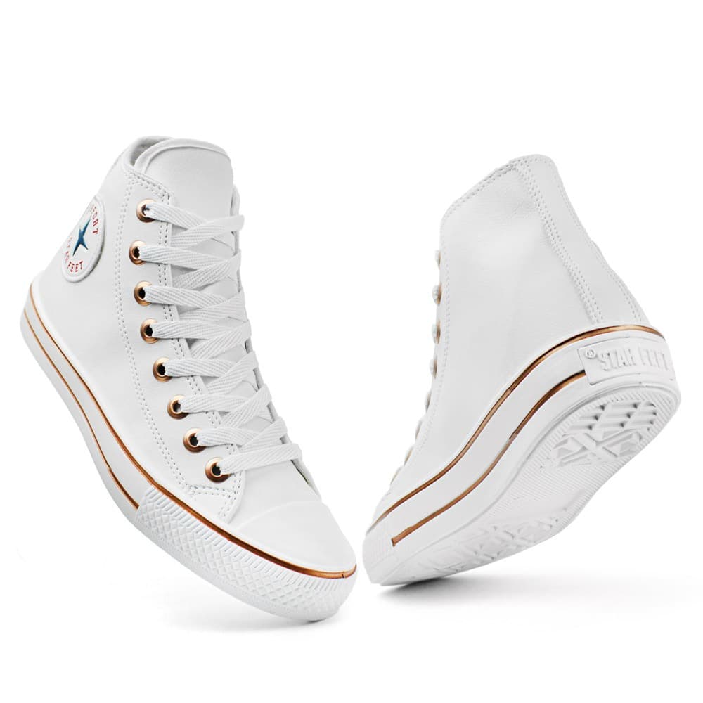 Tênis Star Feet Cano Médio Branco com Detalhes Rosé – Estilo Casual e Conforto no Dia a Dia