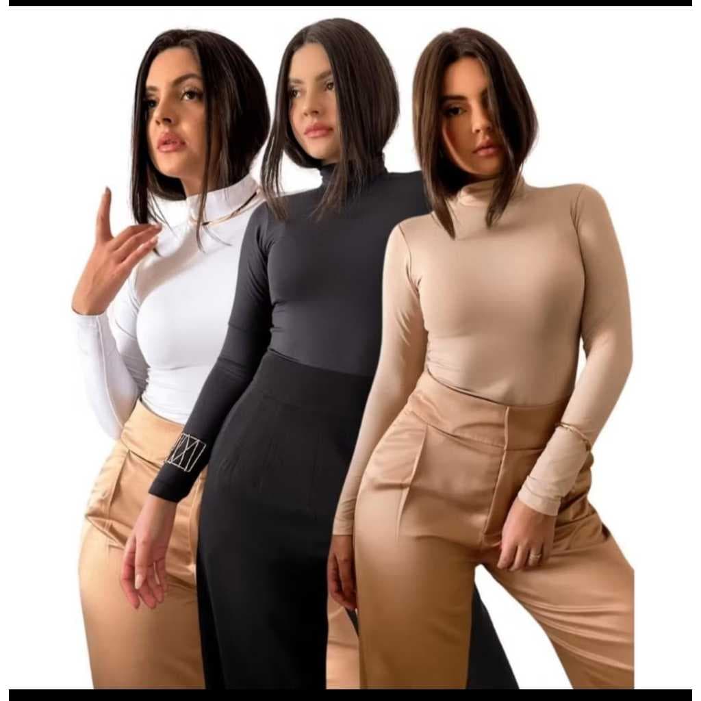 Kit 3 Blusas Segunda Pele Moderna Blusa Gola Alta Manga Longa Casual